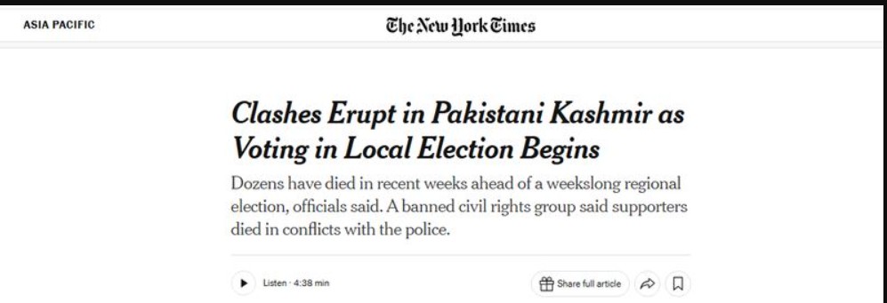 NYT Headline Row: “ਕੋਈ ਪਾਕਿਸਤਾਨੀ ਕਸ਼ਮੀਰ ਨਹੀਂ, ਸਿਰਫ਼ ਪਾਕਿਸਤਾਨ ਦੇ ਕਬਜ਼ੇ ਵਾਲਾ ਕਸ਼ਮੀਰ”: ਨਿਊਯਾਰਕ ਟਾਈਮਜ਼ ਦੀ ਸੁਰਖੀ ‘ਤੇ ਭਾਰਤ ਦਾ ਸਖ਼ਤ ਇਤਰਾਜ਼